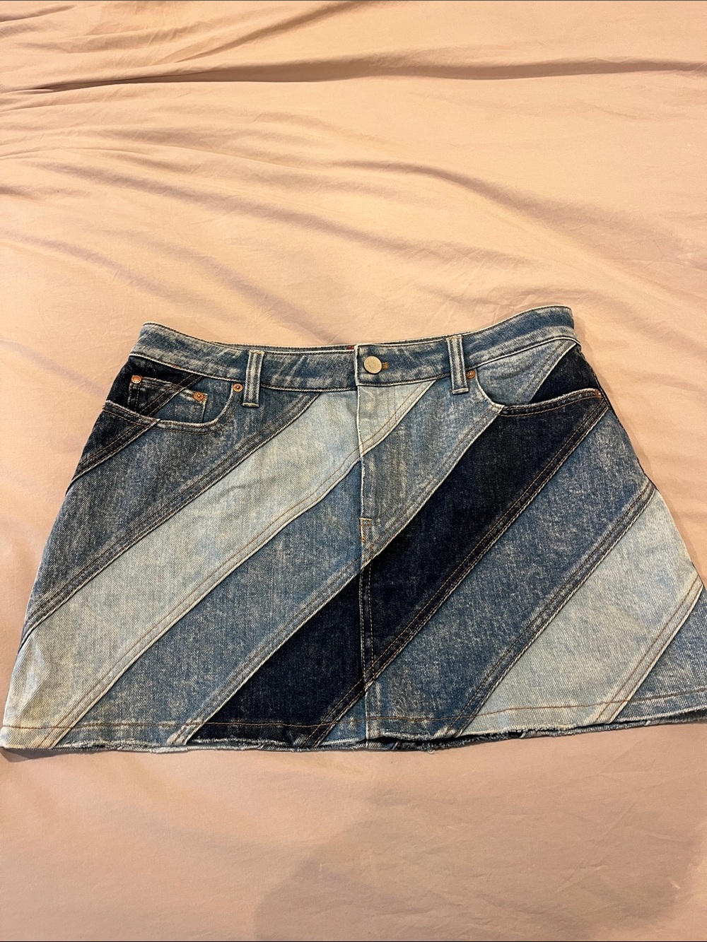 Alice + Olivia Diagonal Patchwork Denim Mini Skirt - Blue